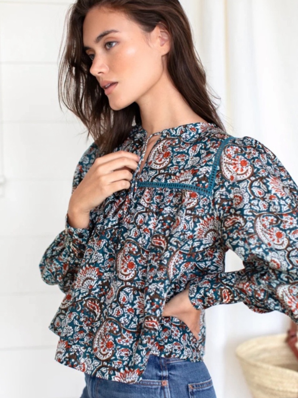 Emerson Fry India Collection "Isla" 100% Silk Teal Rust Paisley Peasant Top - Picture 3 of 15